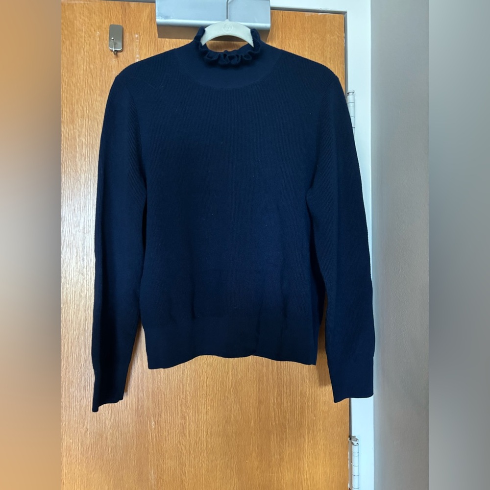 Classic Navy Sweater J Crew Marino Wool  blend - scalloped mock neck.